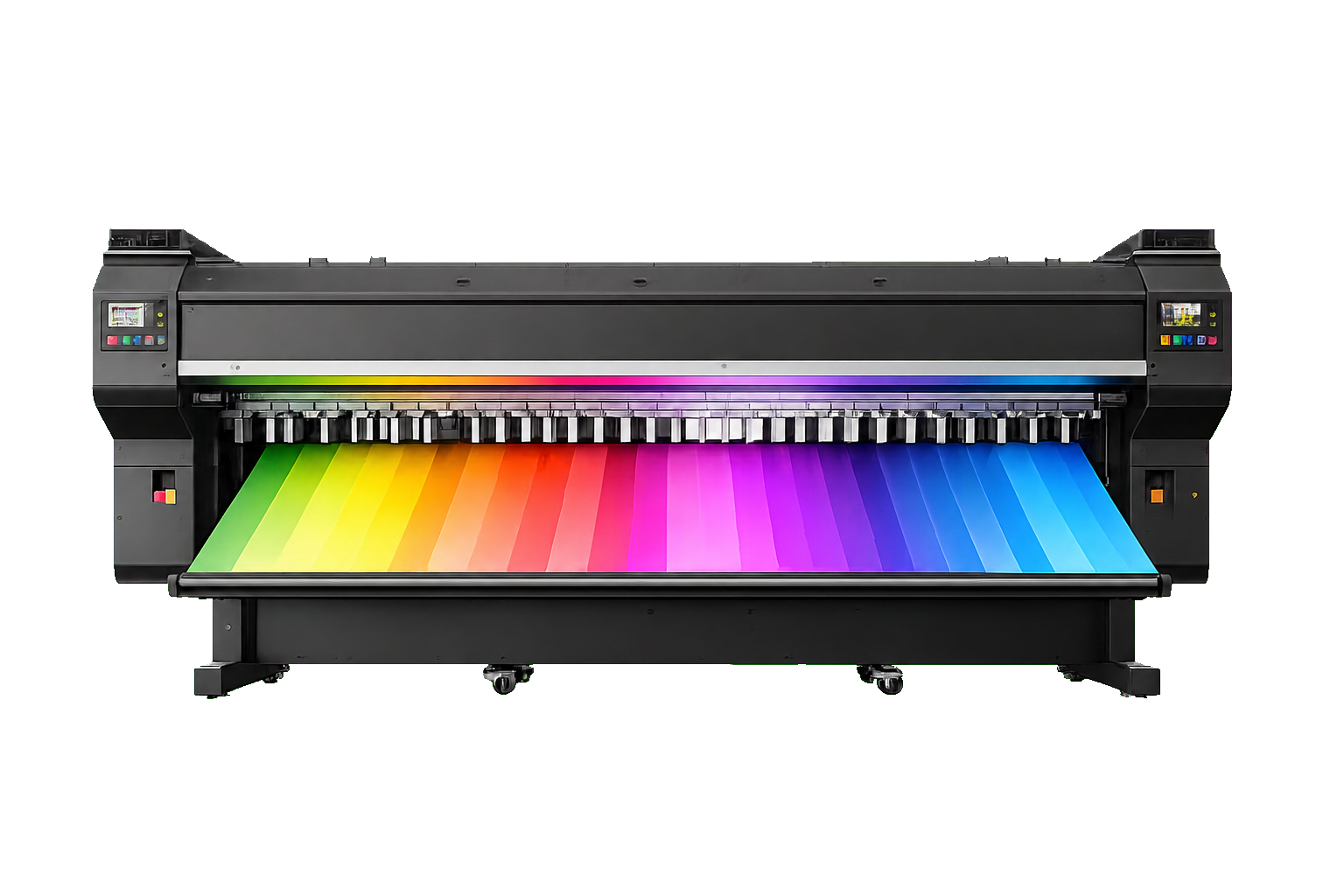 Impressora industrial de grande formato produzindo uma impressão colorida